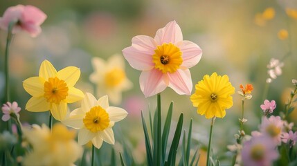 Daffodils and other spring flowers bloom in a field
