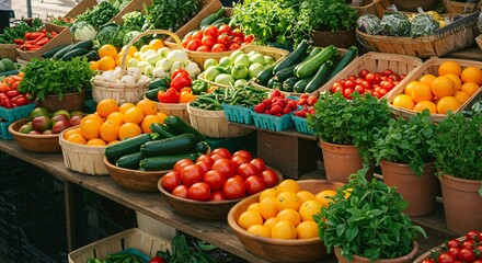 A vibrant farmer&rsquo;s market stall filled with fresh vegetables, fruits, and herbs in natural light