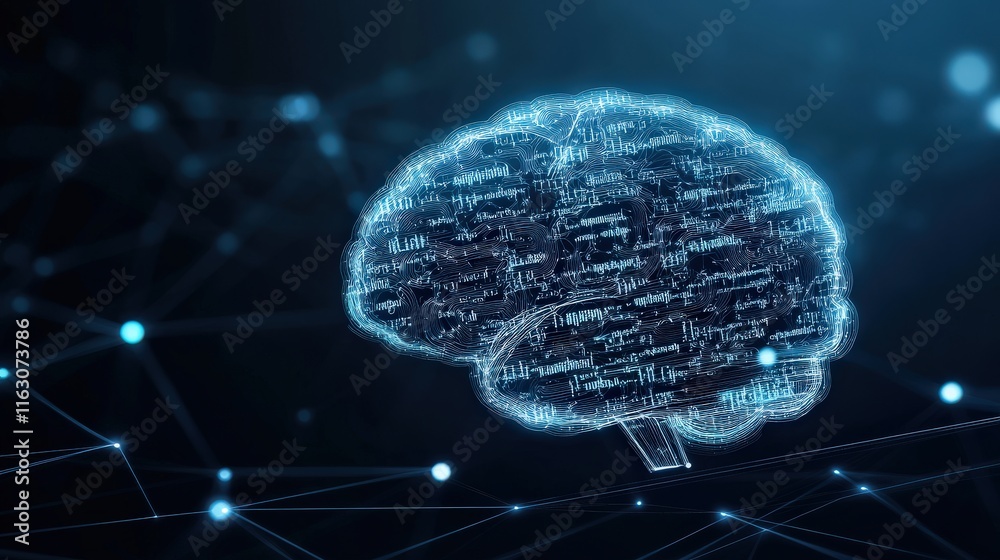 Poster Futuristic Digital Brain Model Representing Artificial Intelligence Concepts with Data Connections and Network Lines in a Dark Atmosphere