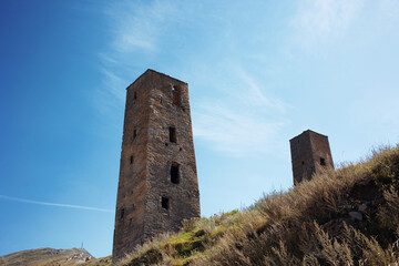 Old Goor, ruins of old towers in the mountains, nature of Dagestan