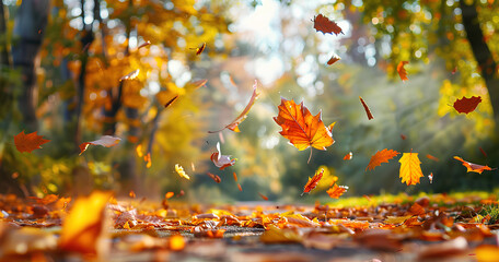 Colorful autumn leaves swirl in the air while scattered on a forest path, showcasing the beauty of fall in a tranquil woodland setting during a sunny afternoon