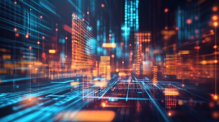 Fototapeta premium A hologram depicting abstract shapes with a technological aesthetic, featuring glowing grids and data-like streams