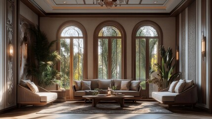 Luxurious living room with arched windows, wooden floors, and beige sofas.