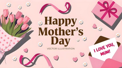 Mothers day composition. Note and flowers. Studio shot.