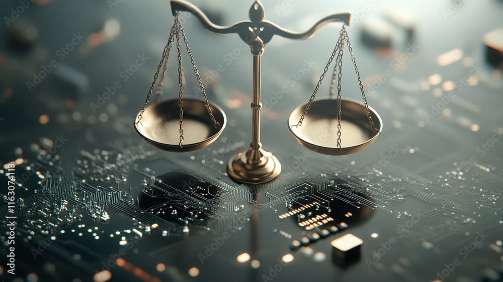 Poster balanced justice concept with scales on digital circuit background representing law, technology, and