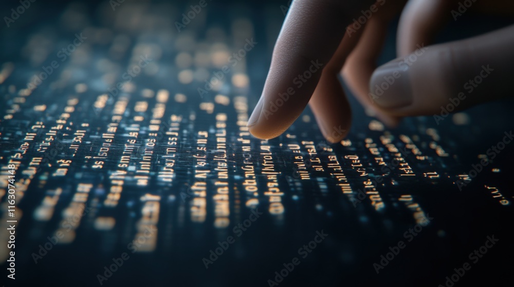 Poster Close-Up of a Human Finger Interacting with Glowing Digital Text Matrix, Representing Technology, Data Processing, and Information Retrieval in a Futuristic Environment