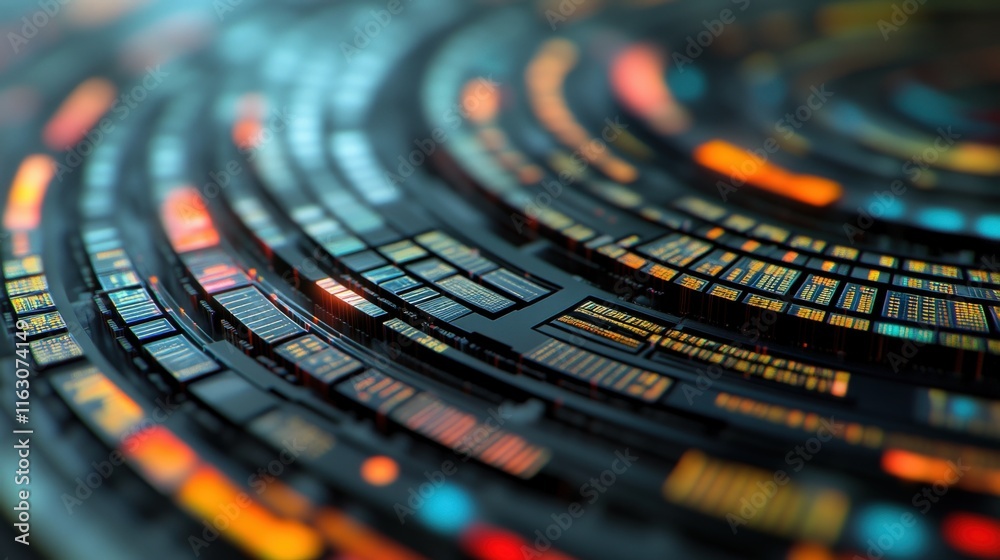 Aufkleber Abstract digital background featuring vibrant concentric circles of illuminated data streams, showcasing technology, innovation, and information processing in a futuristic setting