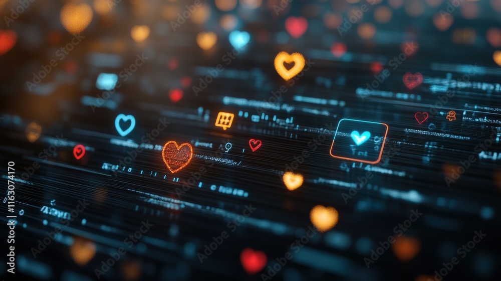 Poster Abstract digital background featuring colorful hearts and icons amidst glowing data streams representing social media engagement and connection in a virtual environment