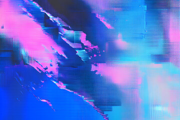 Abstract blue, mint and pink background with interlaced digital glitch and distortion effect. Futuristic cyberpunk design. Retro futurism, webpunk, rave 80s 90s cyberpunk aesthetic techno neon colors