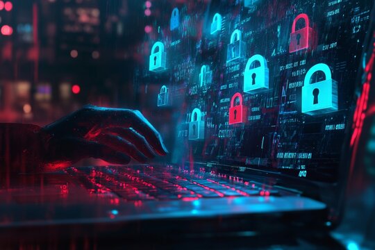 A hand over a laptop keyboard with holographic locks in a neon illuminated cybersecurity scene