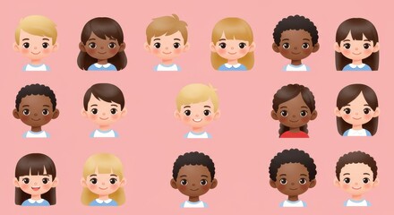 Diverse cartoon children's faces on pink background