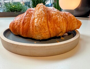 Close up of French croissant on small dish with copy space
