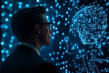 Businessman observing ai profile against cyber background with circuit patterns and copy space
