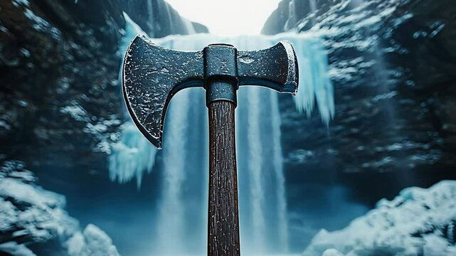 An axe is frozen in ice in front of a waterfall.