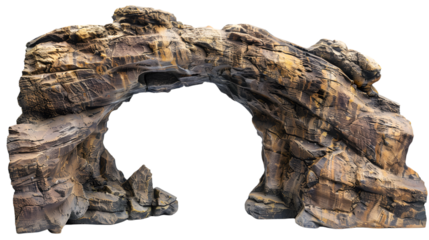 Majestic artificial rock archway with a weathered look, isolated on white background 