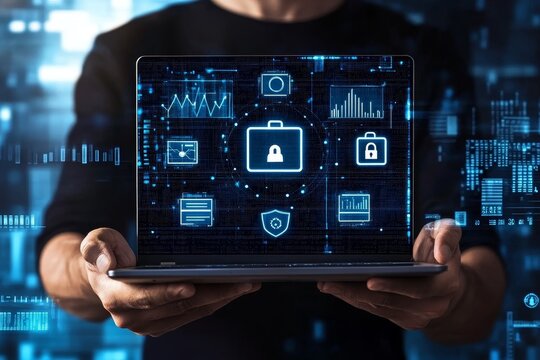 A man holding a laptop displaying security icons amidst business graphs and charts in blue theme