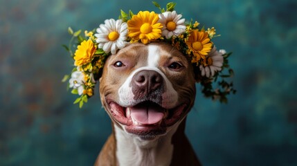 Happy Pit Bull Dog Wearing Flower Crown