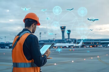 Futuristic Airport Surveyor Monitoring Airplanes Control Towers and Runways with Digital Analytics