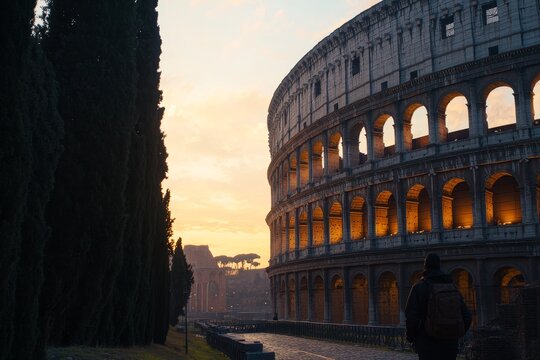 Breathtaking sunset over rome s colosseum a glimpse of ancient architectural grandeur and serenity