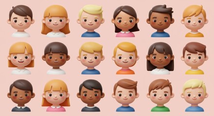 Naklejka premium Diverse cartoon avatars featuring various skin tones and hairstyles in a grid layout