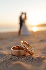 Golden wedding rings on beach at sunset with silhouetted couple in background