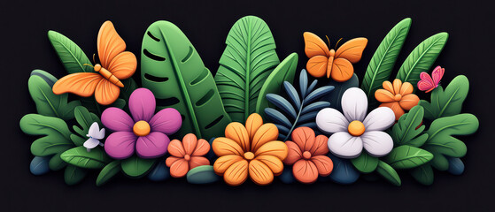 Fototapeta premium Vibrant cartoon style of colorful flowers and butterflies