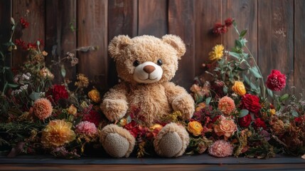 Teddy Bear Amidst Vibrant Autumnal Flower Arrangement