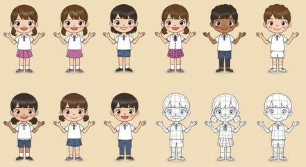 Fototapeta premium Diverse cartoon kids in school uniforms with line art variations