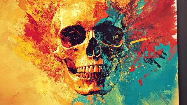 Vibrant skull artwork with explosive colors and abstract patterns displayed in a creative gallery setting