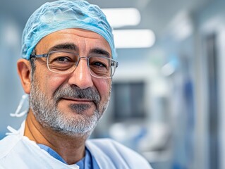 Experienced Male Surgeon in Scrubs in a Modern Hospital Clinical Setting. Confident Medical Doctor with Glasses. 