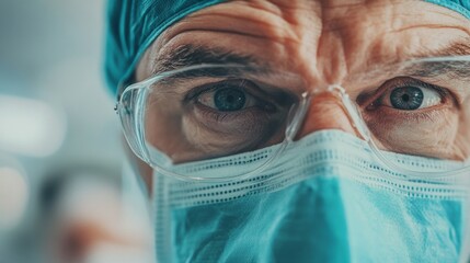 Medical Professional Close-Up in Surgical Mask, Glasses and Cap. Focused Male Doctor or Surgeon in Protective Mask.