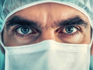 Intense Medical Professional Close-Up in Surgical Mask and Cap. Focused Young Doctor or Surgeon in Protective Mask.