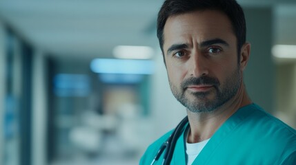 Confident Arab doctor wearing scrubs in hospital. Experienced doctor or nurse in modern clinical setting. 