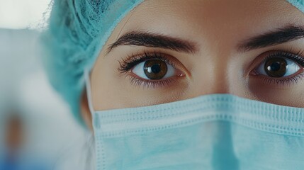 Intense Female Medical Professional Close-Up in Surgical Mask and Cap. Focused Woman Doctor or Surgeon in Protective Mask.