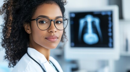 Confident Female Doctor or Healthcare Worker in Modern Medical Setting with X-Ray in Background