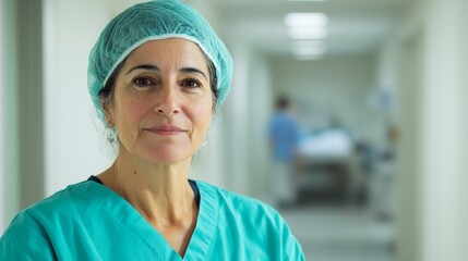 Female surgeon wearing green scrubs in a modern hospital setting. Doctor in hallway. Medical background for hospitals, teachers, students.