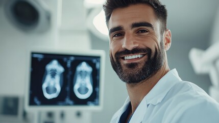 Confident Male Doctor, Nurse or Healthcare Worker in Modern Medical Setting with X-Ray in Background