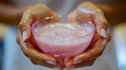 Hands gently cradling a bowl of pink creamy substance