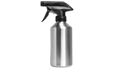 Metal spray bottle with a black nozzle, suitable for dispensing cleaning solutions. Ideal for household and commercial use with a sleek design. Isolated on white background, png. 