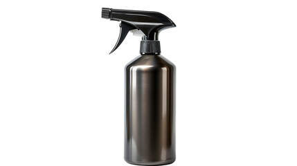 Metal spray bottle with a black nozzle, suitable for dispensing cleaning solutions. Ideal for household and commercial use with a sleek design. Isolated on white background, png. 