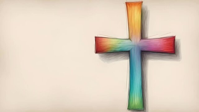 llustration a colorful cross with color on a beige background. Cross placed to the right in the frame. Truck movement from left to right.
