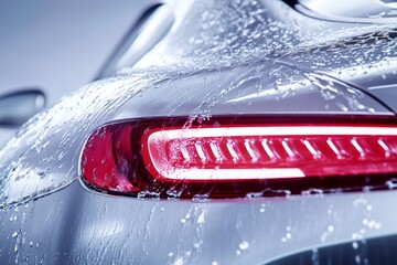 Obraz premium Close up of a silver car s rear at a car wash with vibrant red taillight and soap suds