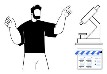 Person gesturing towards a microscope and a storefront display. Ideal for scientific research, product development, presentation, online retail, innovation, education, and business strategy themes