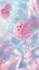 Fototapeta premium Pink cellular structures blue swirling liquid microscopic biology close-up