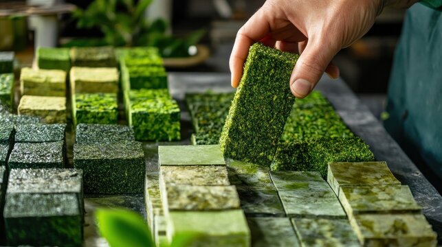 Innovative eco-bricks being made with sustainable materials, green tones,