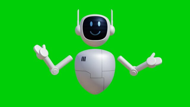Robot assistant 3D animation with presenting hand gesture. Green screen background with perfect looping.