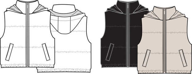 Unisex Hooded Puffer Gilet. Vest technical fashion illustration. Front, white, black, grey, and beige color. Unisex CAD mock-up. © Modeberry