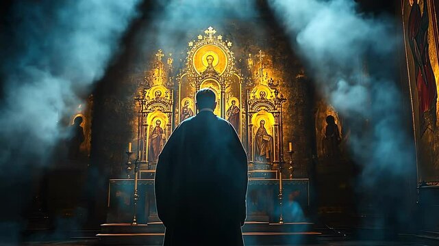 A priest standing in a church, facing the altar, surrounded by smoke.