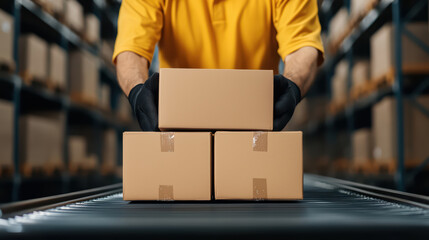 warehouse worker in yellow shirt stacks cardboard boxes on conveyor belt, showcasing efficiency and organization in busy environment