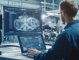 Mechanic analyzing v8 engine performance with laptop in professional workshop setting